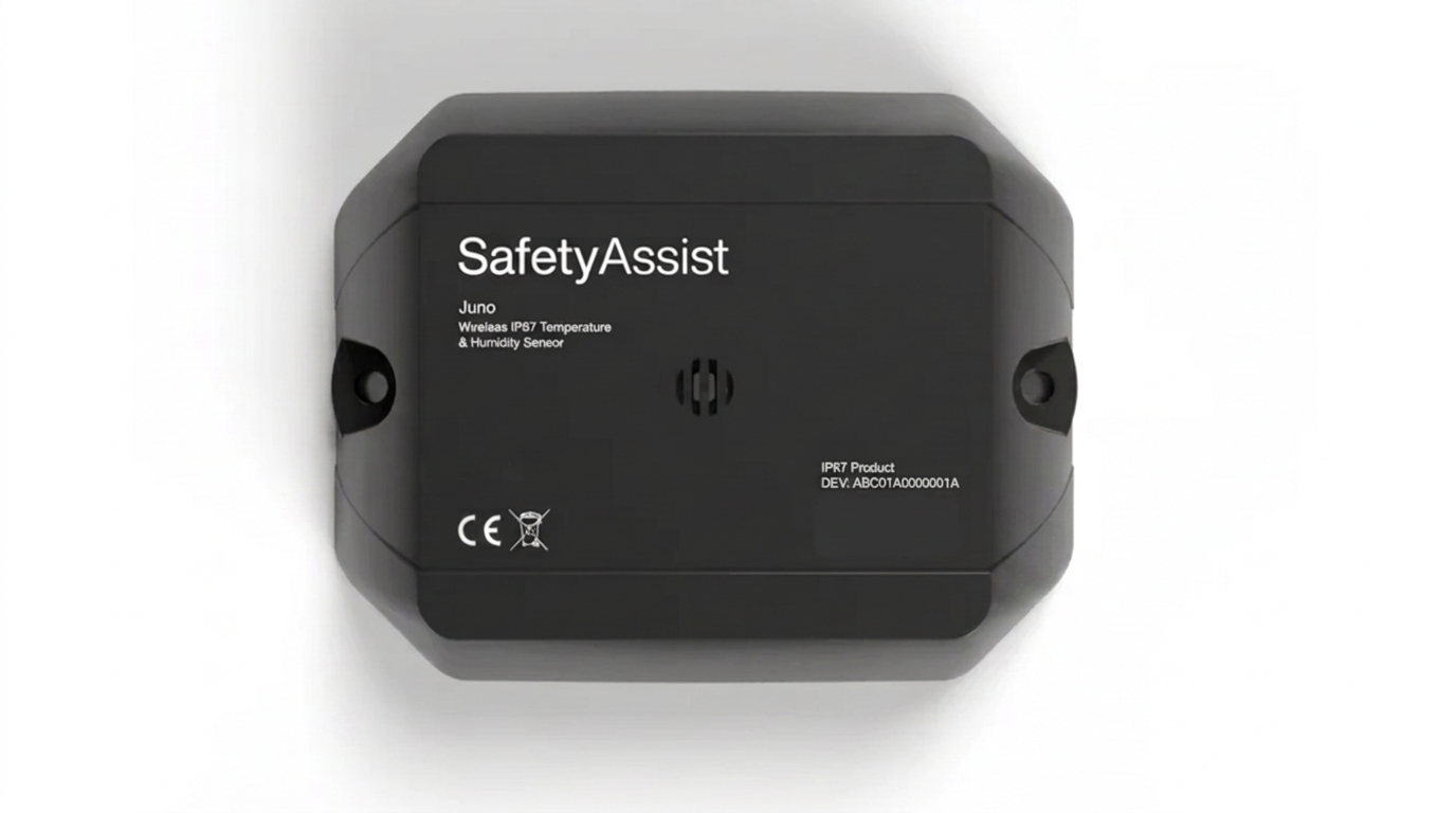 Kompakter schwarzer IoT-Sensor im SafetyAssist-Branding